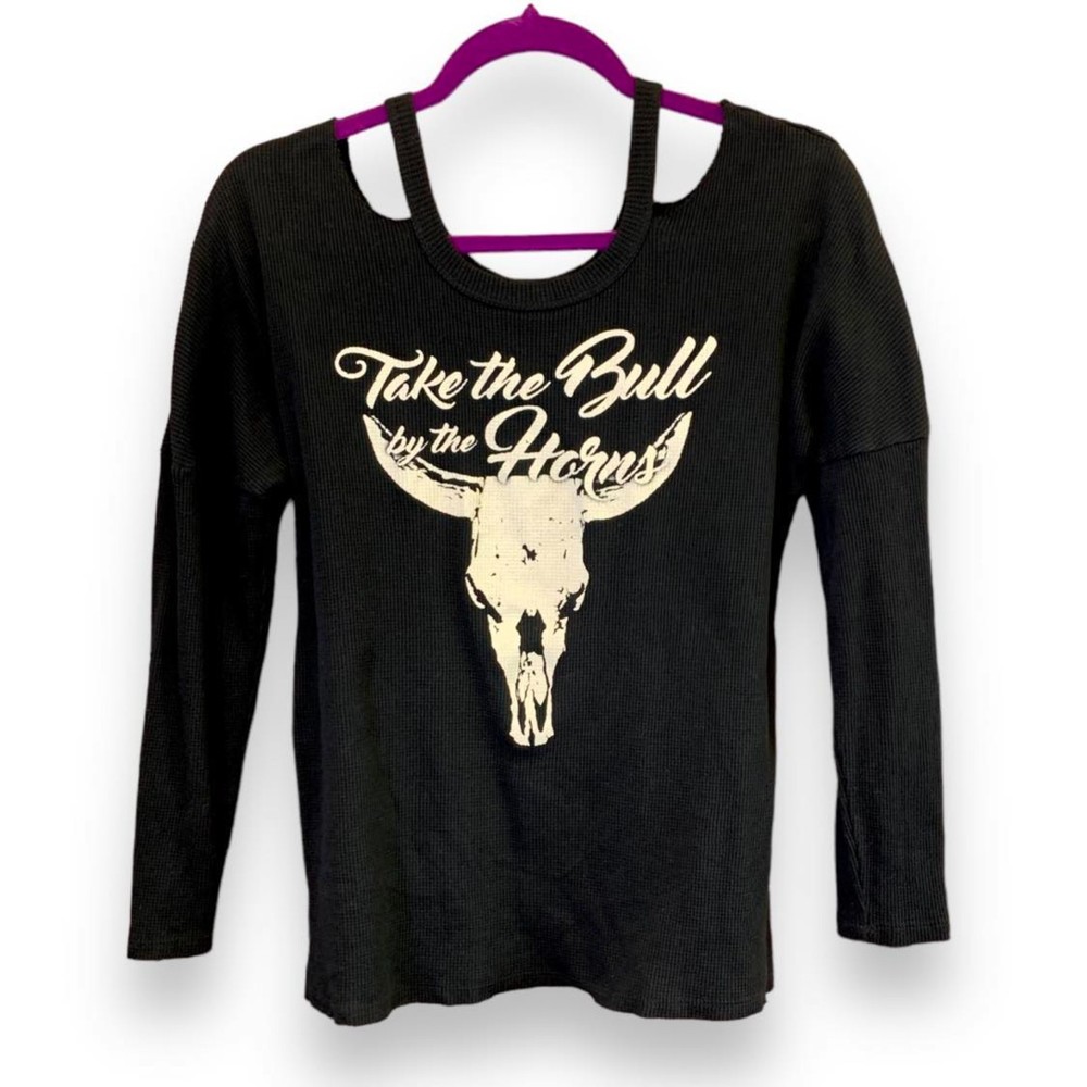 VOCAL Black Cold Shoulder Lightweight Ribbed Top "Take the Bull by the Horns!" S